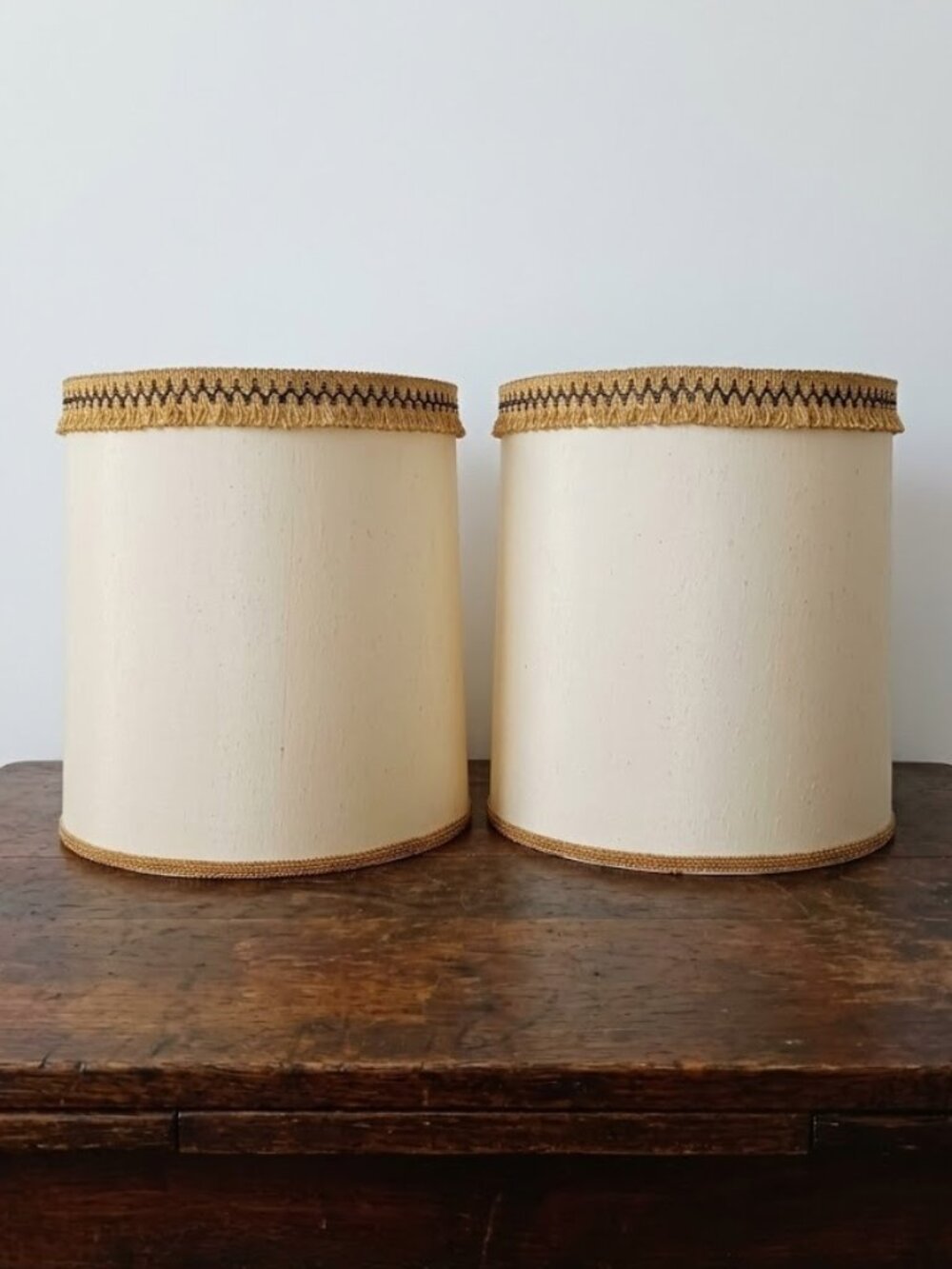 Pair of Vintage Mid-Century Drum Lampshades Beige with Gold Tassels Retro MCM